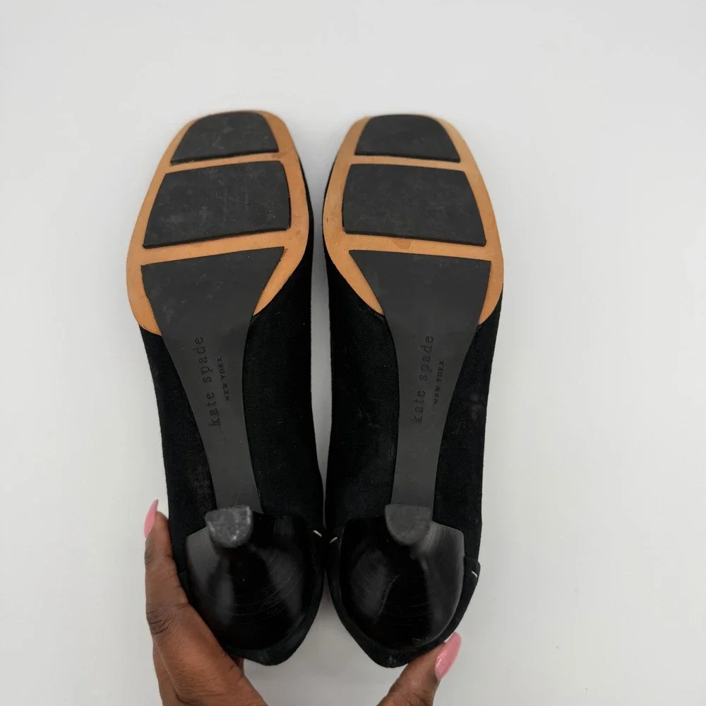 Kate Spade Black Laney Suede Square Toe Kitten Heel Pumps Whipstitch Bow Size 9M